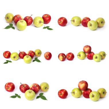 Beyaz arka planda kırmızı elma seti. Beyaz bir arka planda sarı lekeler ile kırmızı renk sulu elma. Sulu kırmızı elma bileşimi