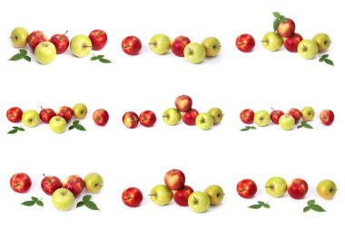 Beyaz arka planda kırmızı elma seti. Beyaz bir arka planda sarı lekeler ile kırmızı renk sulu elma. Sulu kırmızı elma bileşimi