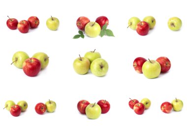 Beyaz arka planda kırmızı elma seti. Beyaz bir arka planda sarı lekeler ile kırmızı renk sulu elma. Sulu kırmızı elma bileşimi