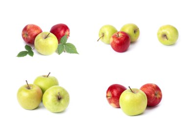 Beyaz arka planda kırmızı elma seti. Beyaz bir arka planda sarı lekeler ile kırmızı renk sulu elma. Sulu kırmızı elma bileşimi