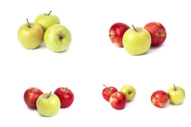 Beyaz arka planda kırmızı elma seti. Beyaz bir arka planda sarı lekeler ile kırmızı renk sulu elma. Sulu kırmızı elma bileşimi