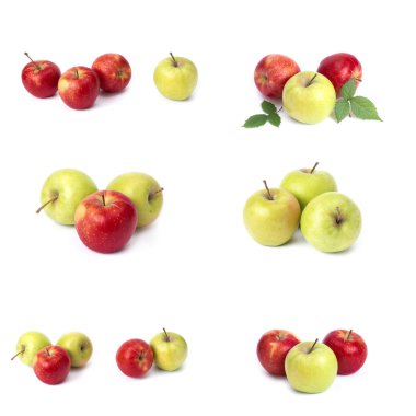 Beyaz arka planda kırmızı elma seti. Beyaz bir arka planda sarı lekeler ile kırmızı renk sulu elma. Sulu kırmızı elma bileşimi