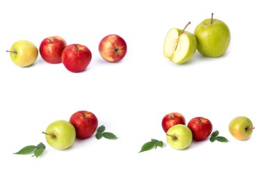 Beyaz arka planda kırmızı elma seti. Beyaz bir arka planda sarı lekeler ile kırmızı renk sulu elma. Sulu kırmızı elma bileşimi