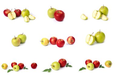 Beyaz arka planda kırmızı elma seti. Beyaz bir arka planda sarı lekeler ile kırmızı renk sulu elma. Sulu kırmızı elma bileşimi