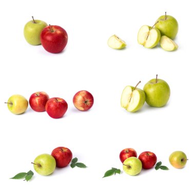 Beyaz arka planda kırmızı elma seti. Beyaz bir arka planda sarı lekeler ile kırmızı renk sulu elma. Sulu kırmızı elma bileşimi