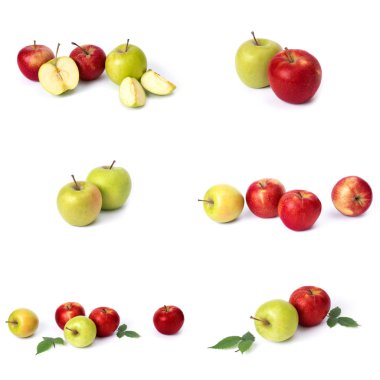 Beyaz arka planda kırmızı elma seti. Beyaz bir arka planda sarı lekeler ile kırmızı renk sulu elma. Sulu kırmızı elma bileşimi