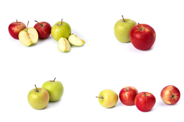 Set of red apples on a white background. Juicy apples of red color with yellow specks on a white background. The composition of juicy red apples