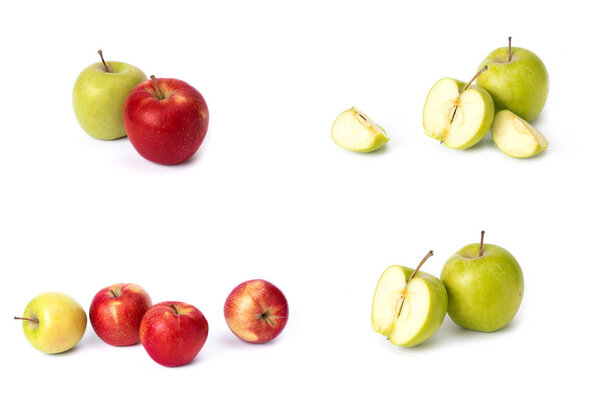 Set of red apples on a white background. Juicy apples of red color with yellow specks on a white background. The composition of juicy red apples