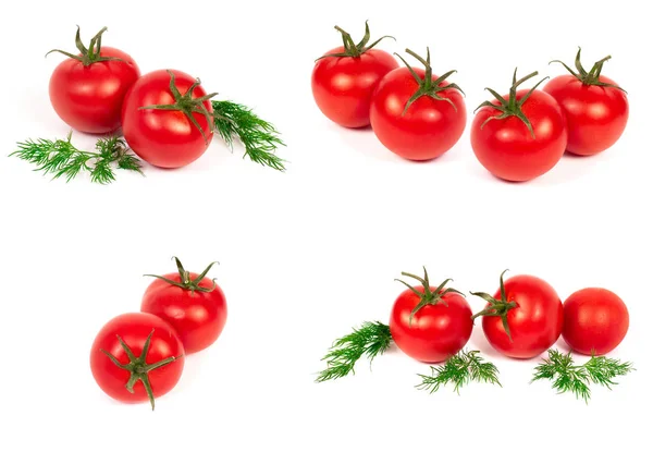 白い背景に赤いトマト 白い背景にハーブを持つトマトのグループ — ストック写真