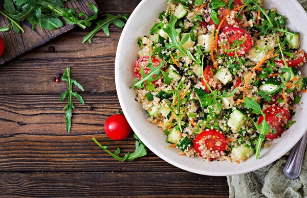 Top View Salad Quinoa Arugula Radish Tomatoes Cucumbers Bowl Wooden — Stock Photo, Image