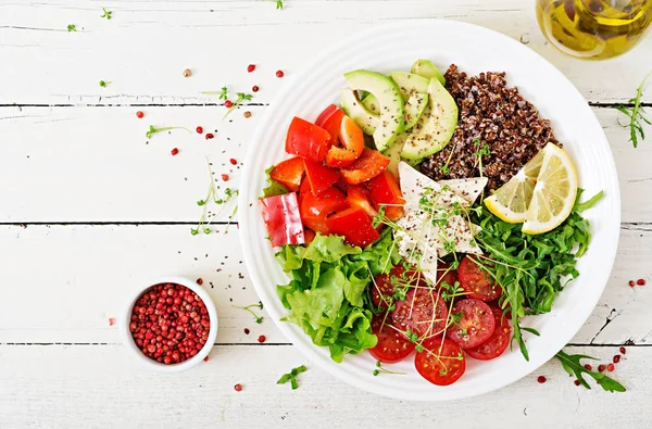 Vegetáriánus Buddha Tál Quinoa Tofu Sajtot Friss Zöldségeket Egészséges Ételek — Stock Fotó