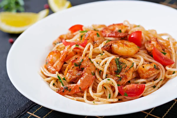 Pasta Spaghetti Shrimps Tomato Parsley Healthy Meal Italian Food Top Royalty Free Stock Images