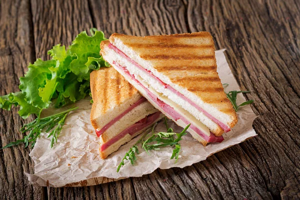 Club Sandwich Panini Ham Cheese Wooden Background Picnic Food — Stock Photo, Image