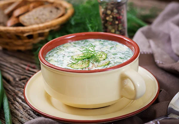Summer Yogurt Cold Soup Egg Cucumber Dill Wooden Table Okroshka — Stock Photo, Image