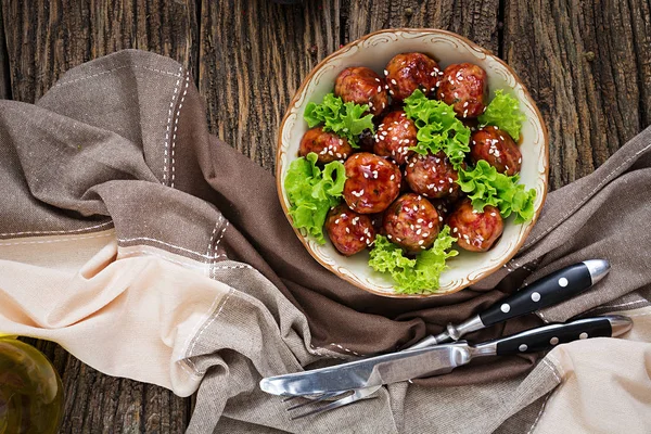 Boulettes Viande Bœuf Sauce Aigre Douce Nourriture Asiatique Vue Dessus — Photo