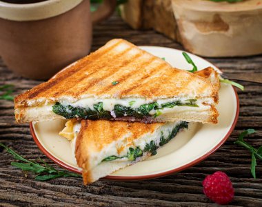 Peynir ve hardal yaprakları ile Panini sandviç. Sabah kahve. Köy kahvaltı