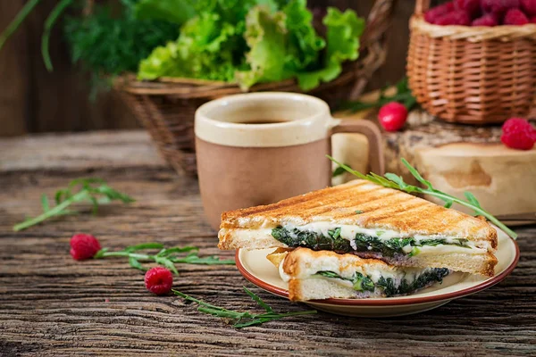 Peynir ve hardal yaprakları ile Panini sandviç. Sabah kahve. Köy kahvaltı