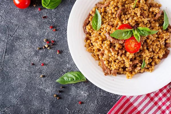 Israeli Couscous Beef Tasty Food Asian Meal Top View Flat — Stock Photo, Image