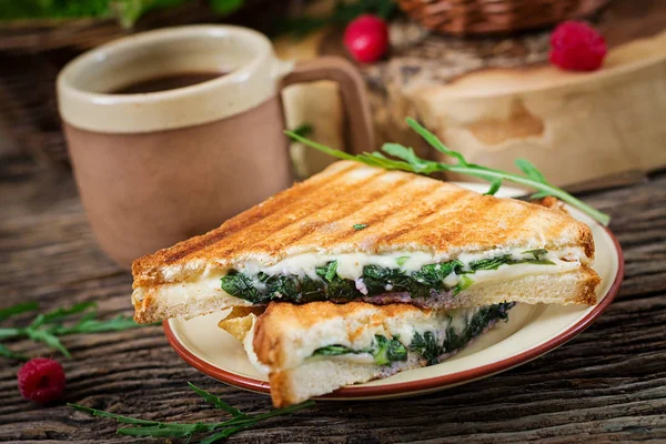 Panini Broodje Met Kaas Mosterd Bladeren Koffie Ochtend Dorp Ontbijt — Stockfoto