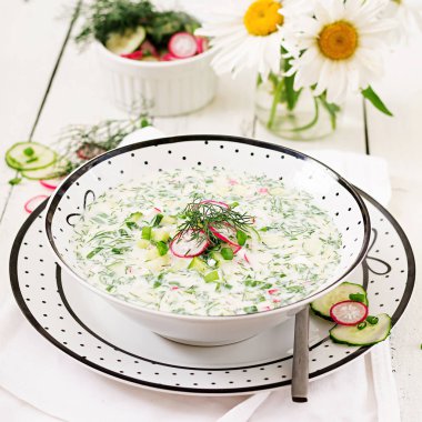 Soğuk çorba ile taze salatalık, turp beyaz kase yoğurt ile.