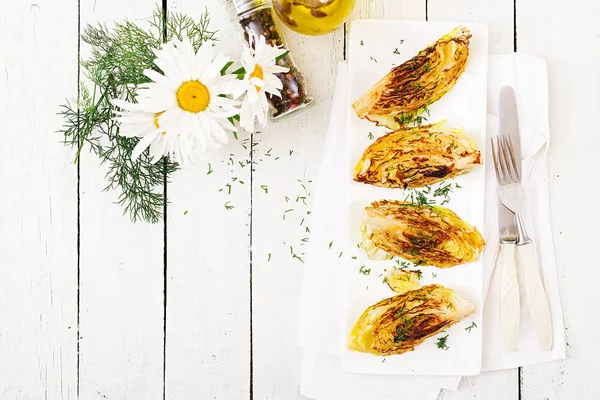 Vegan Grilled Cabbage Steaks White Plate — Stock Photo, Image