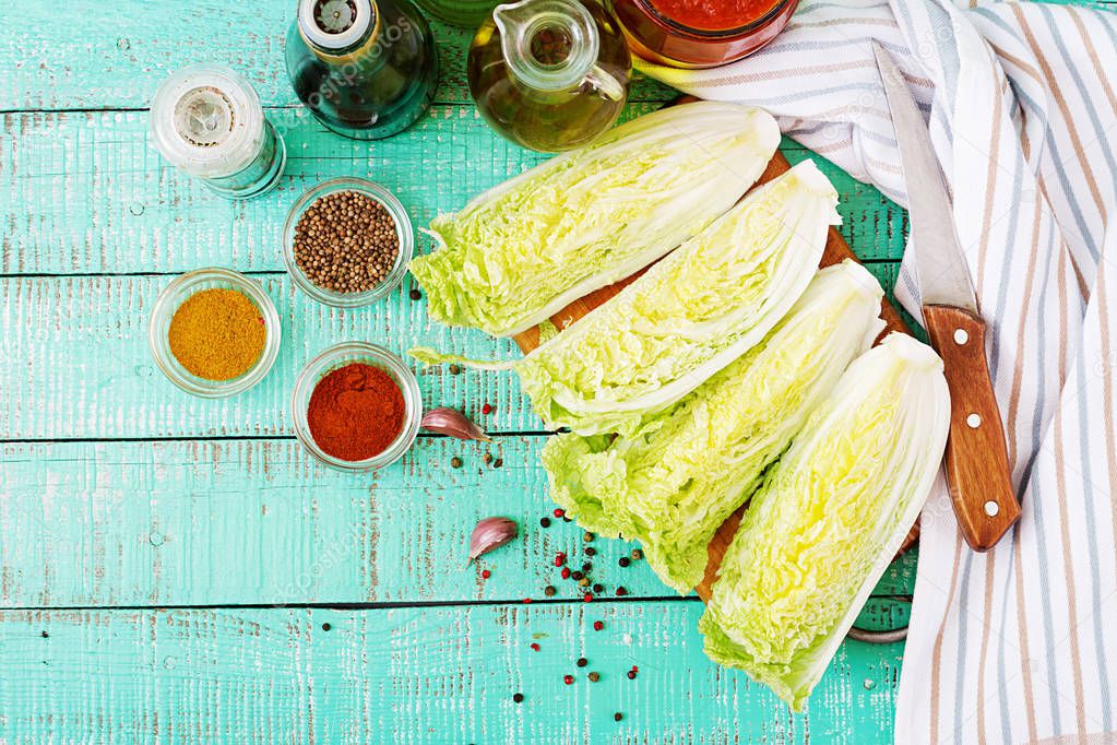 Top view of Chinese cabbage, ingredients for kimchi, Korean traditional cuisine. 