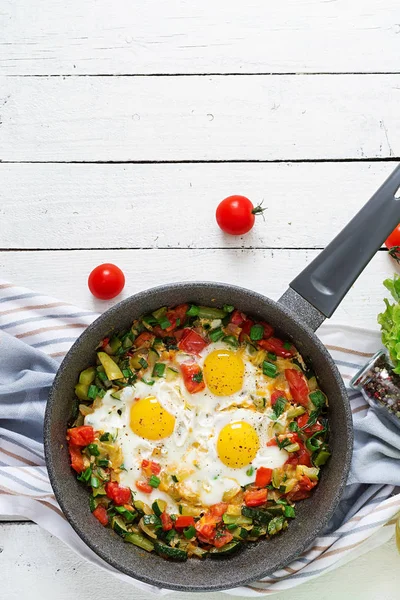 Tasty Breakfast Fried Eggs Vegetables Shakshuka Top View Flat Lay — Stock Photo, Image