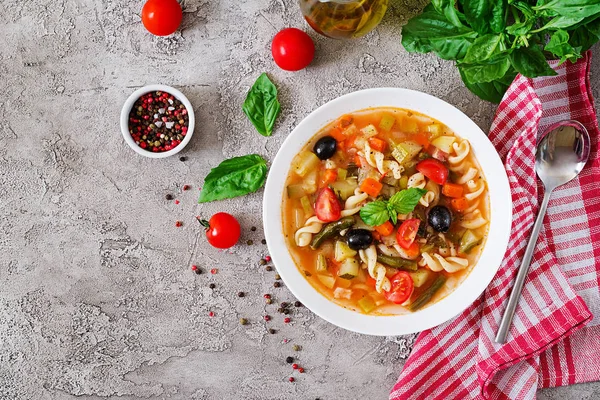 Minestrone Sopa Legumes Italiana Com Massa Comida Vegan Vista Superior — Fotografia de Stock