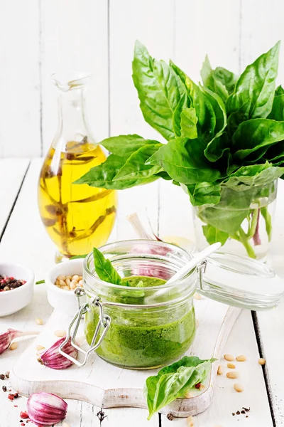 Homemade Pesto Sauce Fresh Basil Pine Nuts Garlic White Wooden — Stock Photo, Image