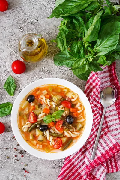 Minestrone Olasz Zöldségleves Tészta Vegetáriánus Étel Felülnézet Lapos Feküdt — Stock Fotó