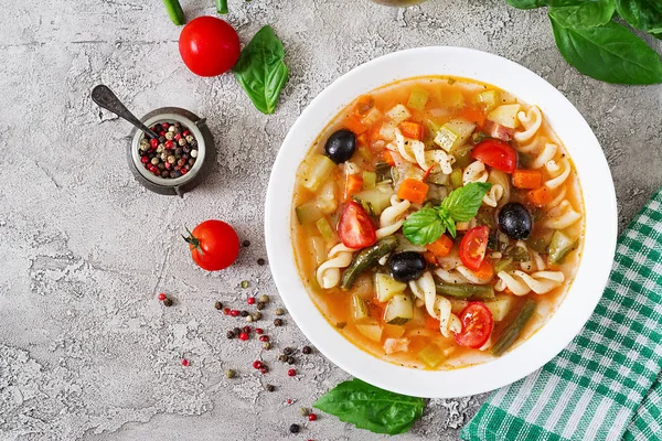 Minestrone Supă Italiană Legume Paste Mâncare Vegană Privire Sus Plat — Fotografie, imagine de stoc