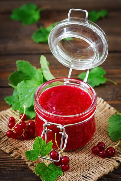 Red Currant Jam Jar Wooden Background Copy Space Tasty Food — Stock Photo, Image