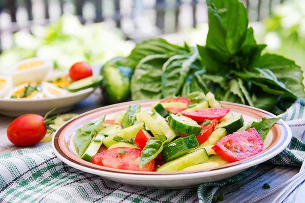 Yaz Bahçede Kahvaltı Salata Domates Salatalık Yeşil Soğan Fesleğen Ile — Stok fotoğraf