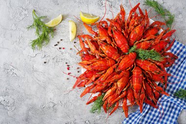 Kerevit. Rustik tarzı, closeup masada kırmızı haşlanmış crawfishes. Istakoz portre. Sınır desig. Üstten görünüm