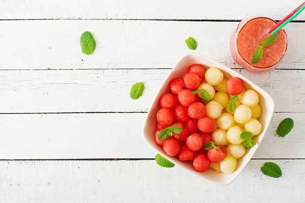 Bunter Obstsalat Wassermelone Und Melonensalat Frische Sommerkost Ansicht Von Oben — Stockfoto