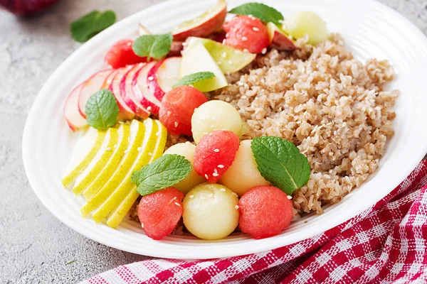 Healthy Breakfast Buckwheat Porridge Fresh Melon Watermelon Apple Pear Tasty — Stock Photo, Image