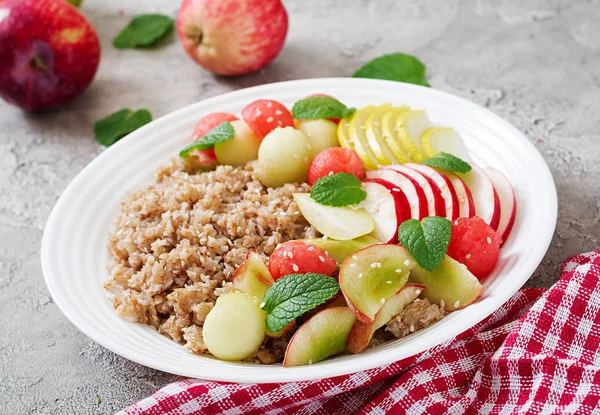 Healthy Breakfast Buckwheat Porridge Fresh Melon Watermelon Apple Pear Tasty — Stock Photo, Image