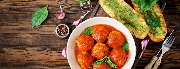 Meatballs Tomato Sauce Toast Basil Pesto Dinner Tasty Food Top — Stock Photo, Image