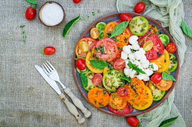 Renkli domates salatası peynir mozzarella ve fesleğen. Caprese salatası. Vegan gıda. Üstten görünüm