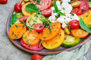 Renkli domates salatası peynir mozzarella ve fesleğen. Caprese salatası. Vegan gıda. Üstten görünüm
