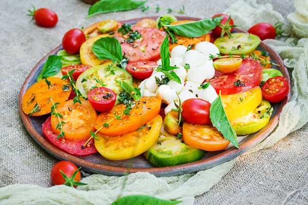 彩色西红柿沙拉配芝士干酪和罗勒 Caprese 沙拉纯素食的食物 顶部视图 — 图库照片