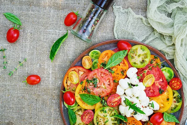 Renkli Domates Salatası Peynir Mozzarella Fesleğen Caprese Salatası Vegan Gıda — Stok fotoğraf