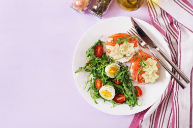 Lezzetli kahvaltı. Açık sandviç somon, krem peynir ve çavdar ekmeği beyaz plaka ve domates, yumurta ve roka salatası. Üstten görünüm. Düz yatıyordu