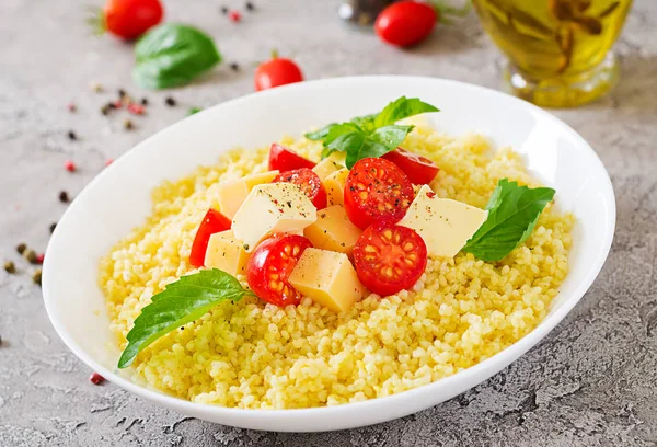 Millet Porridge Cheese Butter Basil White Bowl Tasty Food Breakfast — Stock Photo, Image