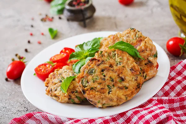 Spicy Vegan Burgers Rice Chickpeas Herbs Salad Tomato Basil Vegetarian — Stock Photo, Image