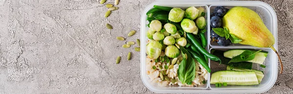 Vegan Green Meal Prep Container Rice Green Beans Brussel Sprouts — Stock Photo, Image