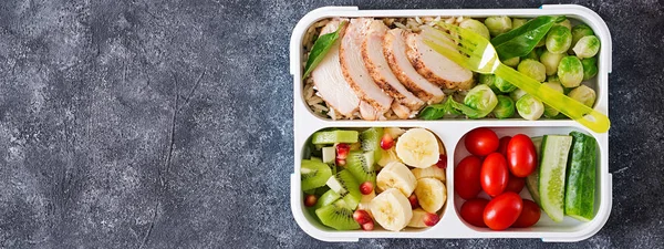 Healthy Green Meal Prep Container Chicken Fillet Rice Brussels Sprouts — Stock Photo, Image