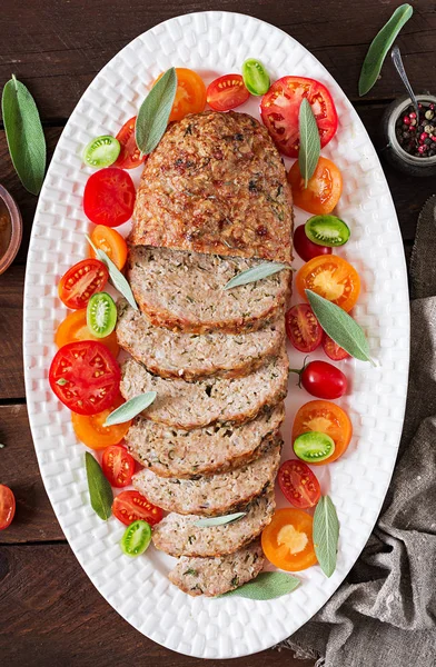 Bovenaanzicht Van Lekkere Zelfgemaakte Grond Gebakken Turkije Meatloaf Lange Witte — Stockfoto