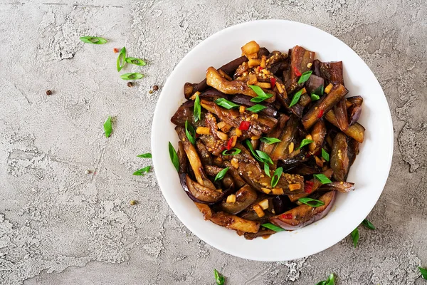 Berinjela Guisado Picante Quente Estilo Coreano Com Cebola Verde Aubergine — Fotografia de Stock