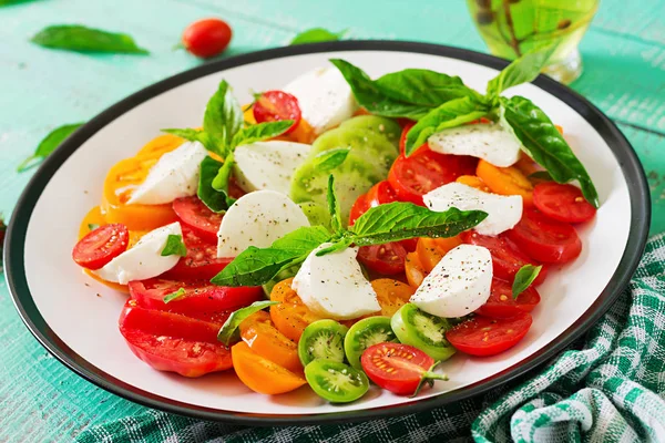 Mozzarella Cheese Tomatoes Basil Herb Leaves Plate White Wooden Table — Stock Photo, Image